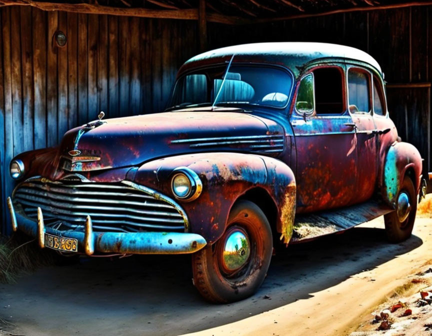 Rusted vintage blue car with orange spots in wooden shed