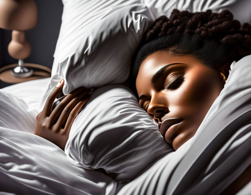 Curly-Haired Woman Sleeping Peacefully in White Bed