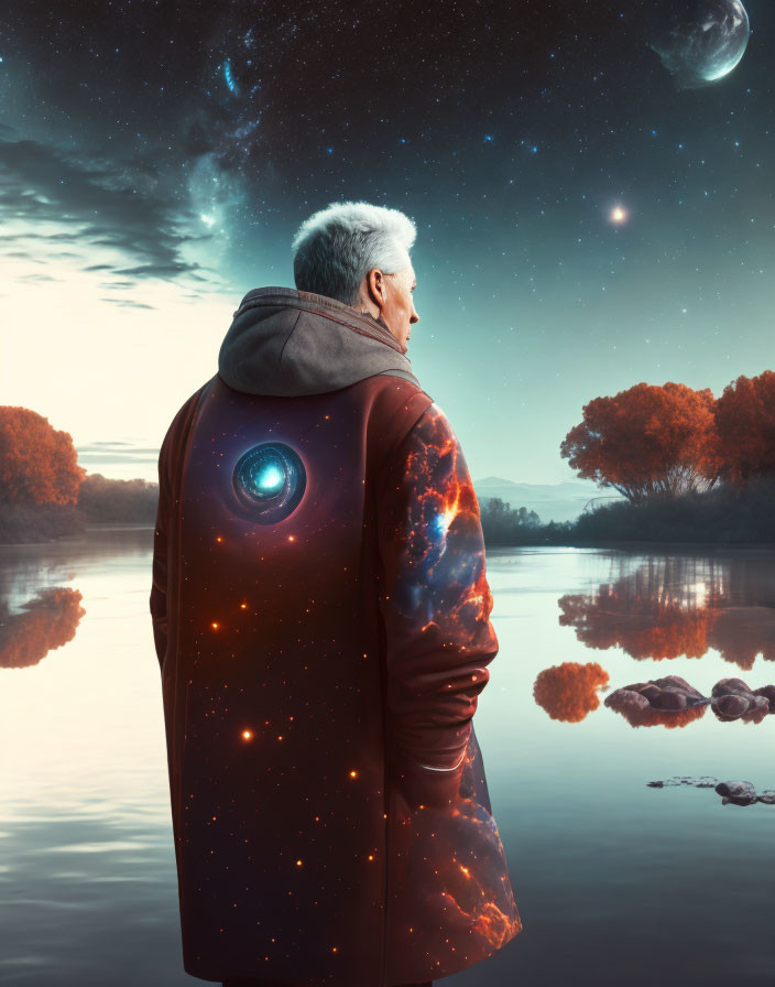 Elderly man in galaxy coat gazes at surreal night sky