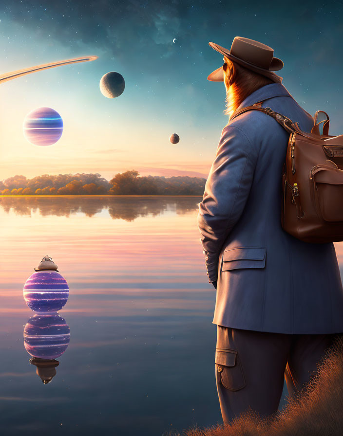 Person in Hat and Backpack Contemplating Planetary Sky Reflection