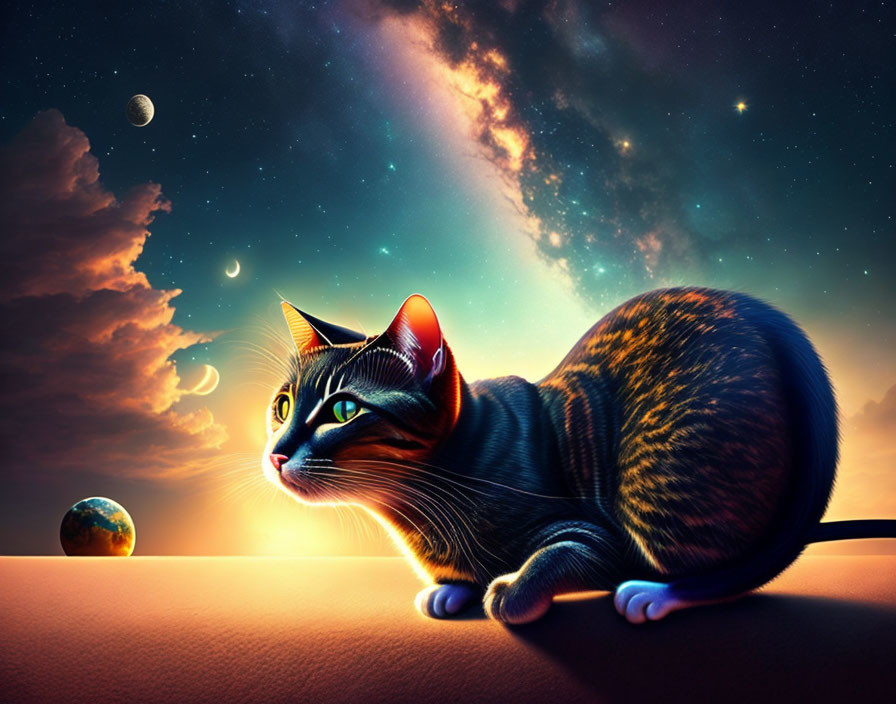 Cosmic digital art: Cat under starry sky with moons.