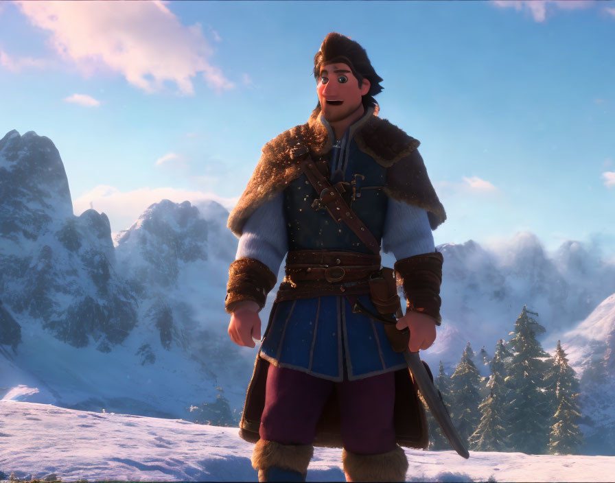 Medieval Attired Male Character in CG Animation on Snowy Terrain