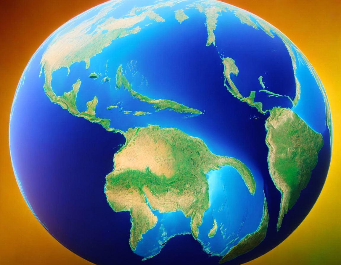 Earth's continents in green on blue ocean, against golden-yellow backdrop