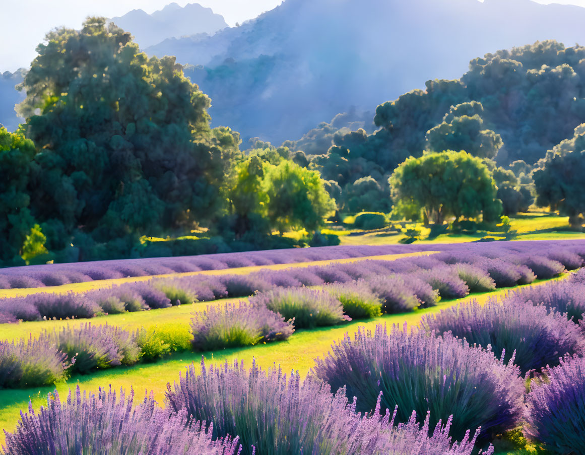 Lavender Fields in Bloom with Trees and Mountains in Soft Sunlight