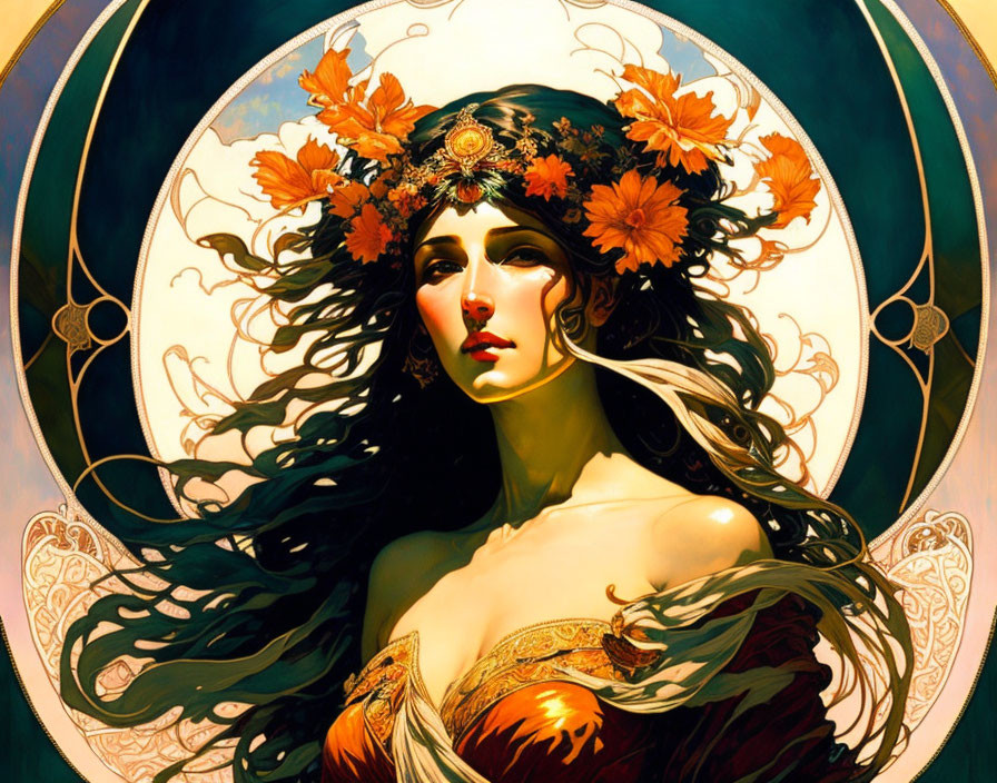 Art Nouveau-style portrait of a woman with flowing hair and floral crown