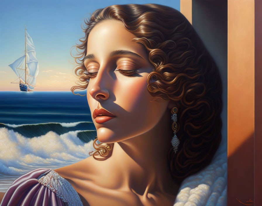 Portrait of woman with curly hair and earrings by window overlooking sea and sailing ship