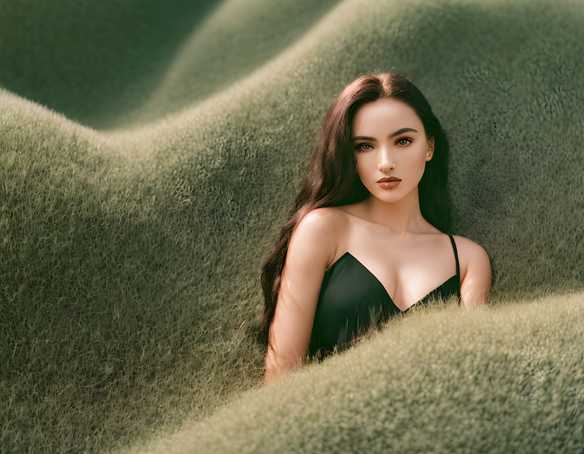 Woman with Long Dark Hair in Black Top Amidst Green Grassy Hills