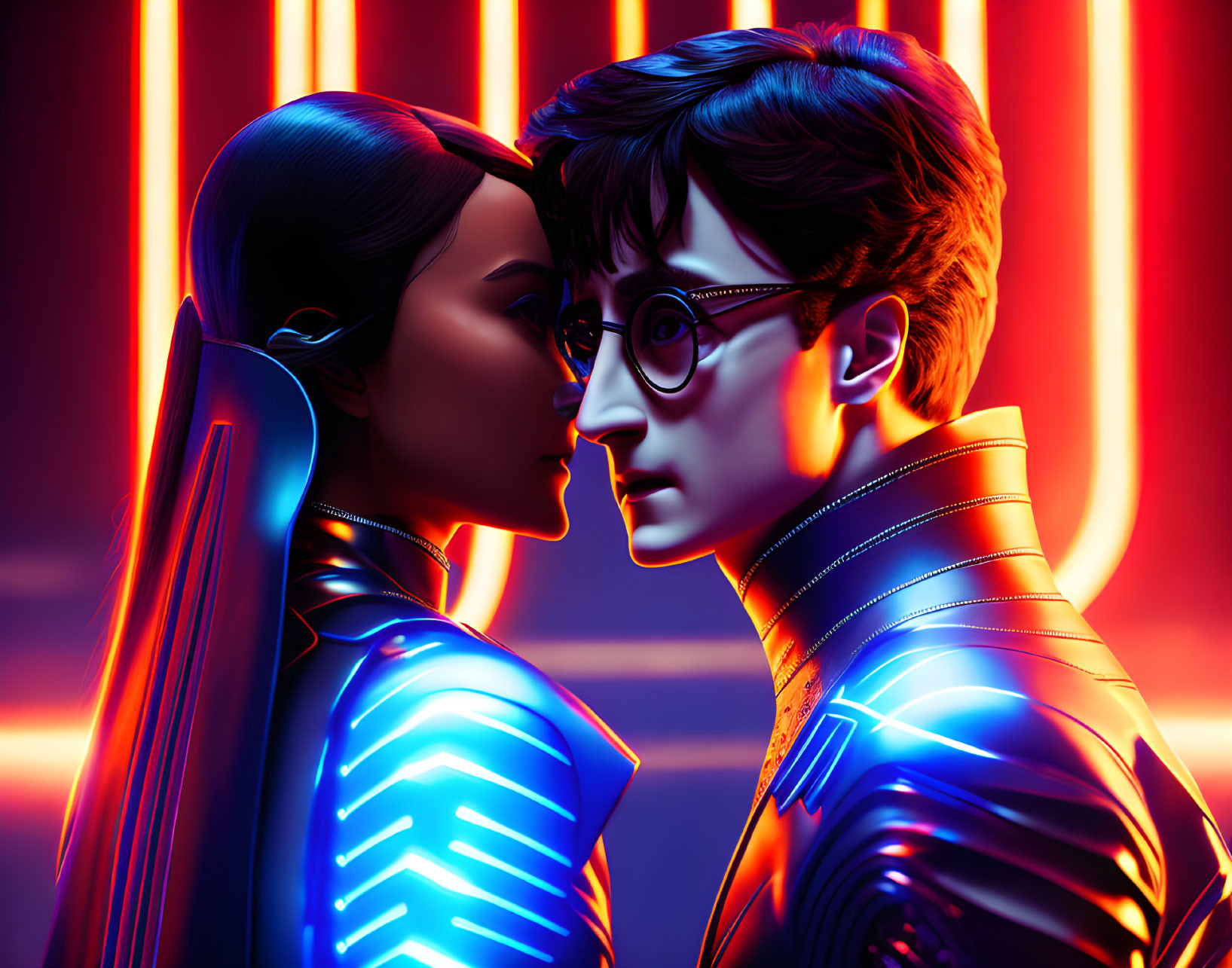 Two individuals with neon-lit faces, one in glasses, in close proximity against red backdrop with vertical