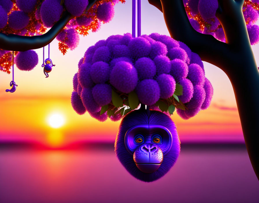 Colorful Cartoon Mandrill Hanging from Tree with Grape-like Fruit at Sunset