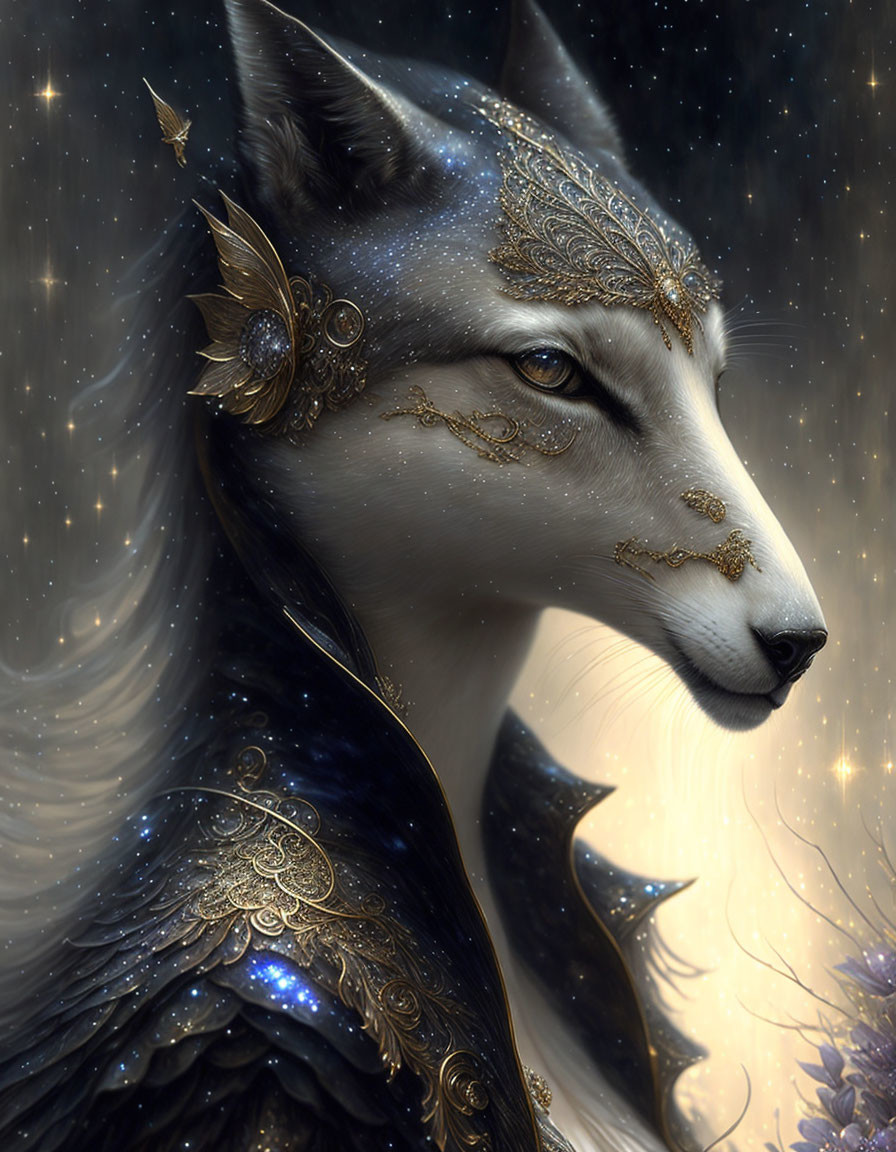 Majestic fantasy wolf with starry fur and golden headpiece in cosmic setting