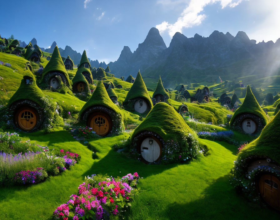 Scenic village with greenery, flowers, and mountains