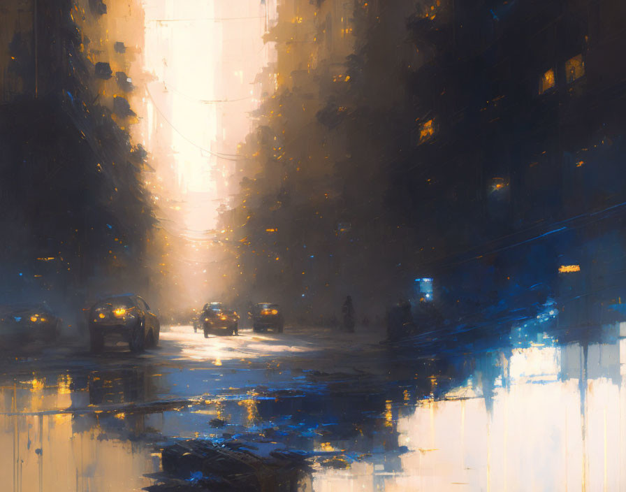 Cityscape at Dusk: Headlights, Wet Pavement, Misty High-rises