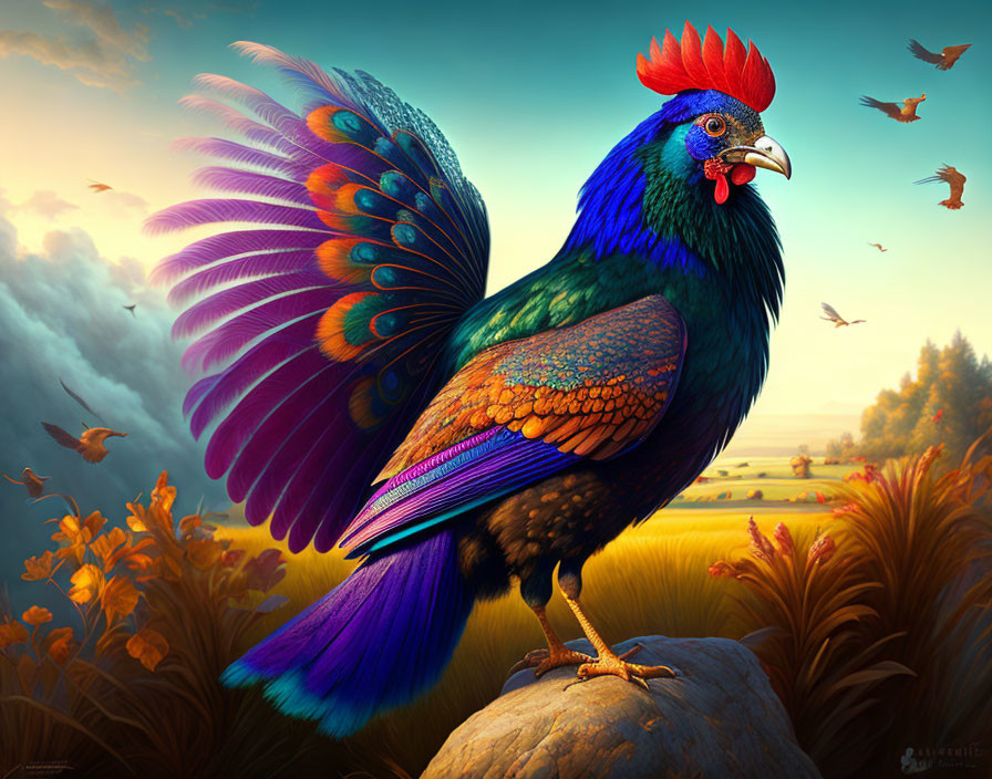 Vibrant peacock illustration in scenic landscape