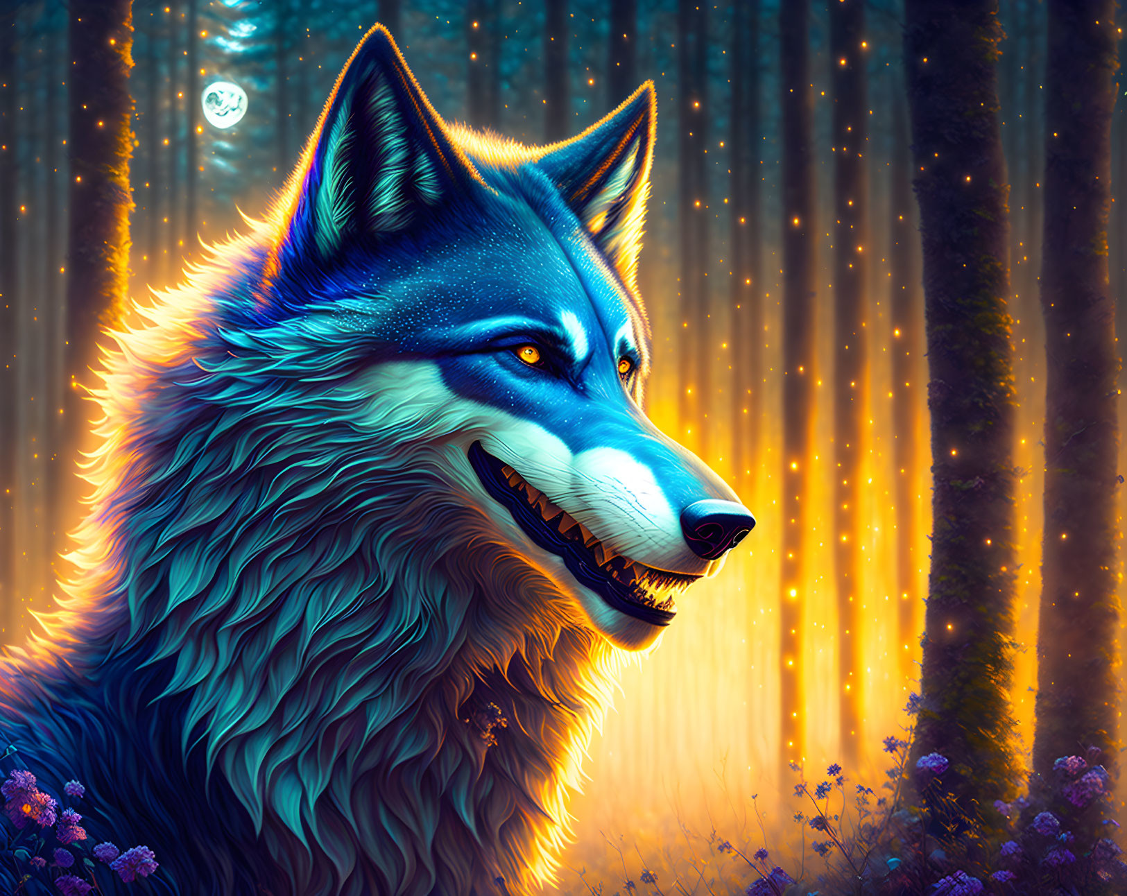 Digital Art: Blue-eyed Wolf in Luminous Forest with Purple Flowers