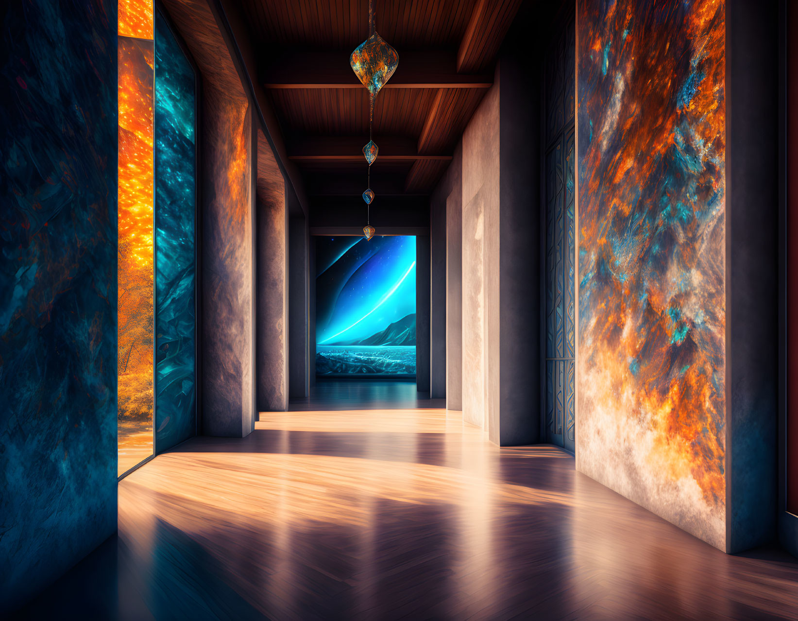 Modern hallway with vibrant abstract art and coastal view.