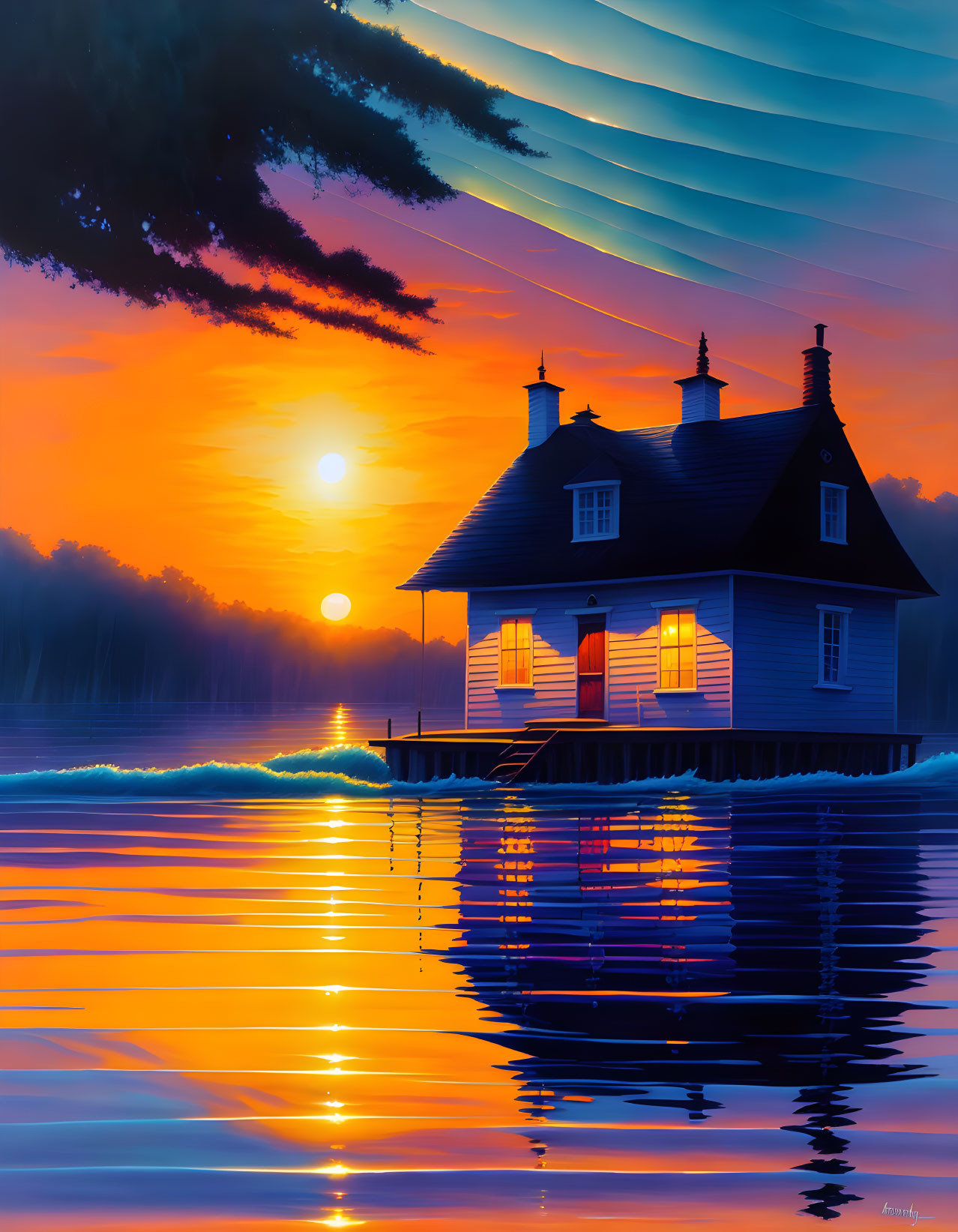 Serene lakeside house painting at sunset