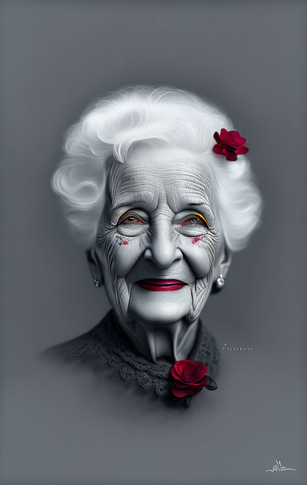 Elderly woman with white hair and red lipstick smiling warmly