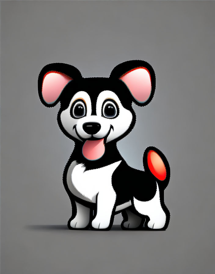 Cartoon black and white puppy with large ears and red-tipped tail on gray background.