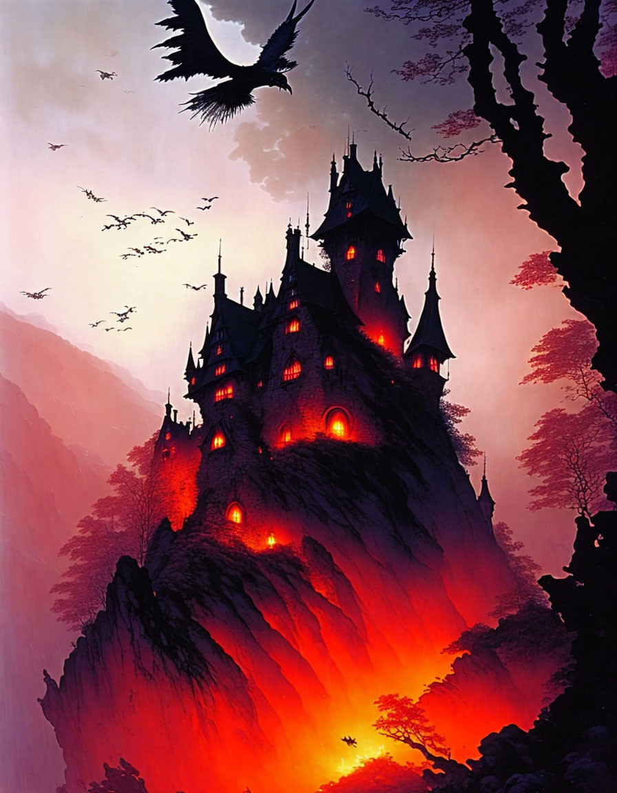 Gothic castle on craggy peak with red glow, silhouetted birds in dus