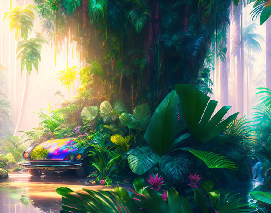 Colorful illuminated futuristic car in lush jungle with ethereal sunlight.