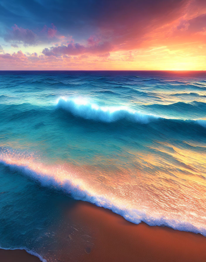 Vibrant pink and orange sunset over ocean waves and sandy beach