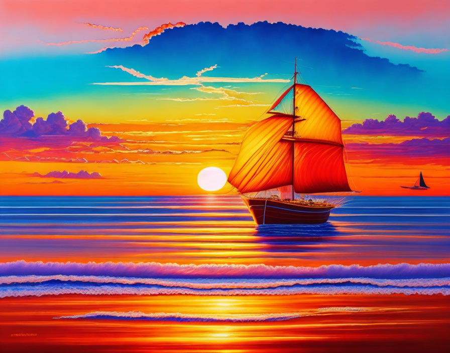 Colorful Sunset Seascape Painting with Sailing Ship