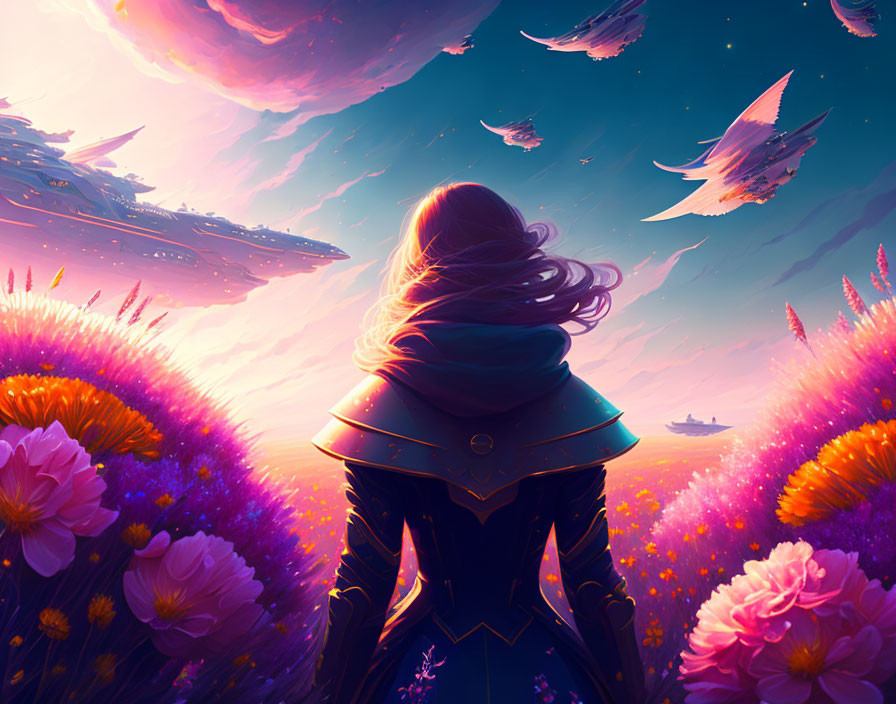 Person surrounded by vibrant flowers and dreamlike sky with floating islands in purple and orange hues.