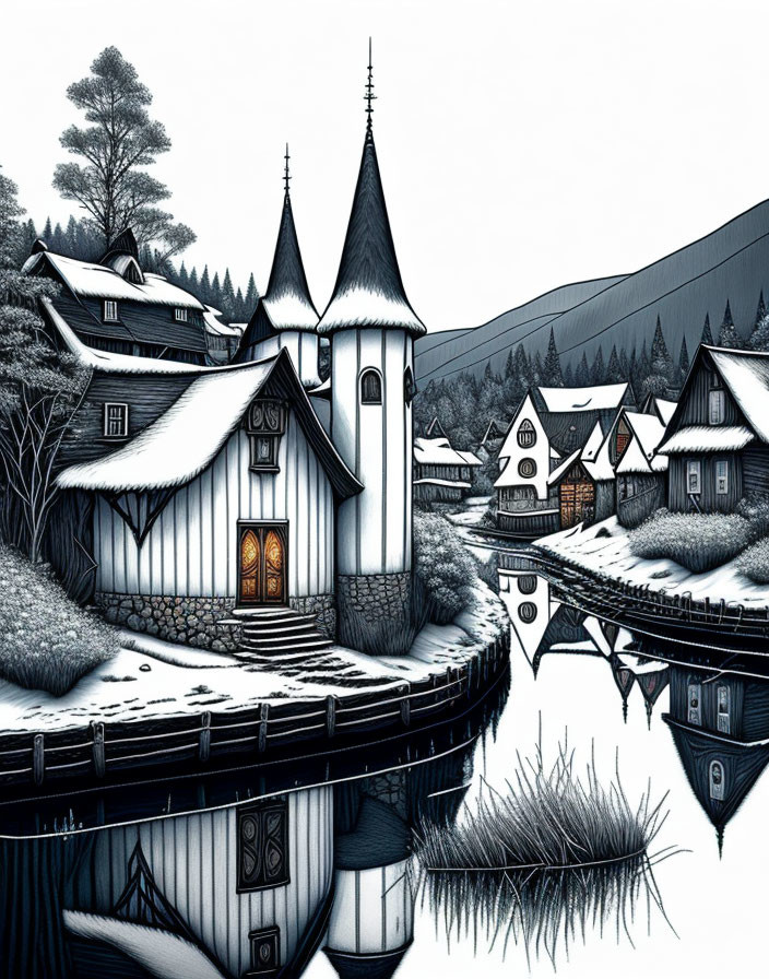 Snowy village with church and river in monochrome art