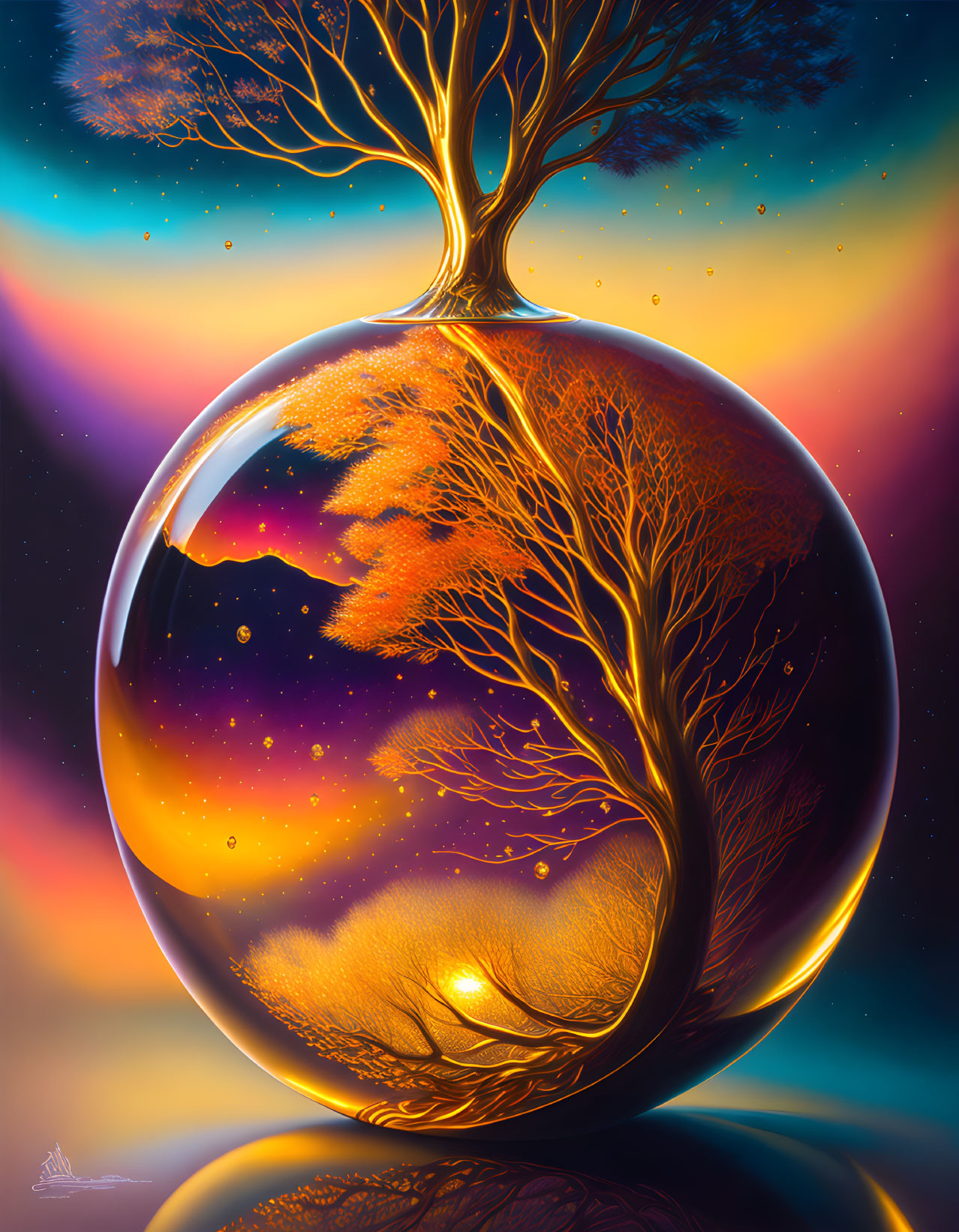 Golden tree encircles transparent sphere in vibrant cosmic scene