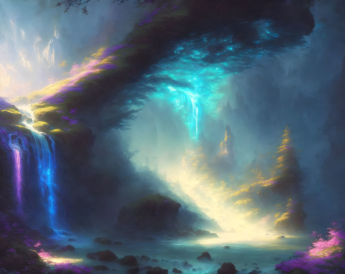 Ethereal landscape with glowing blue waterfall and vibrant purple flora