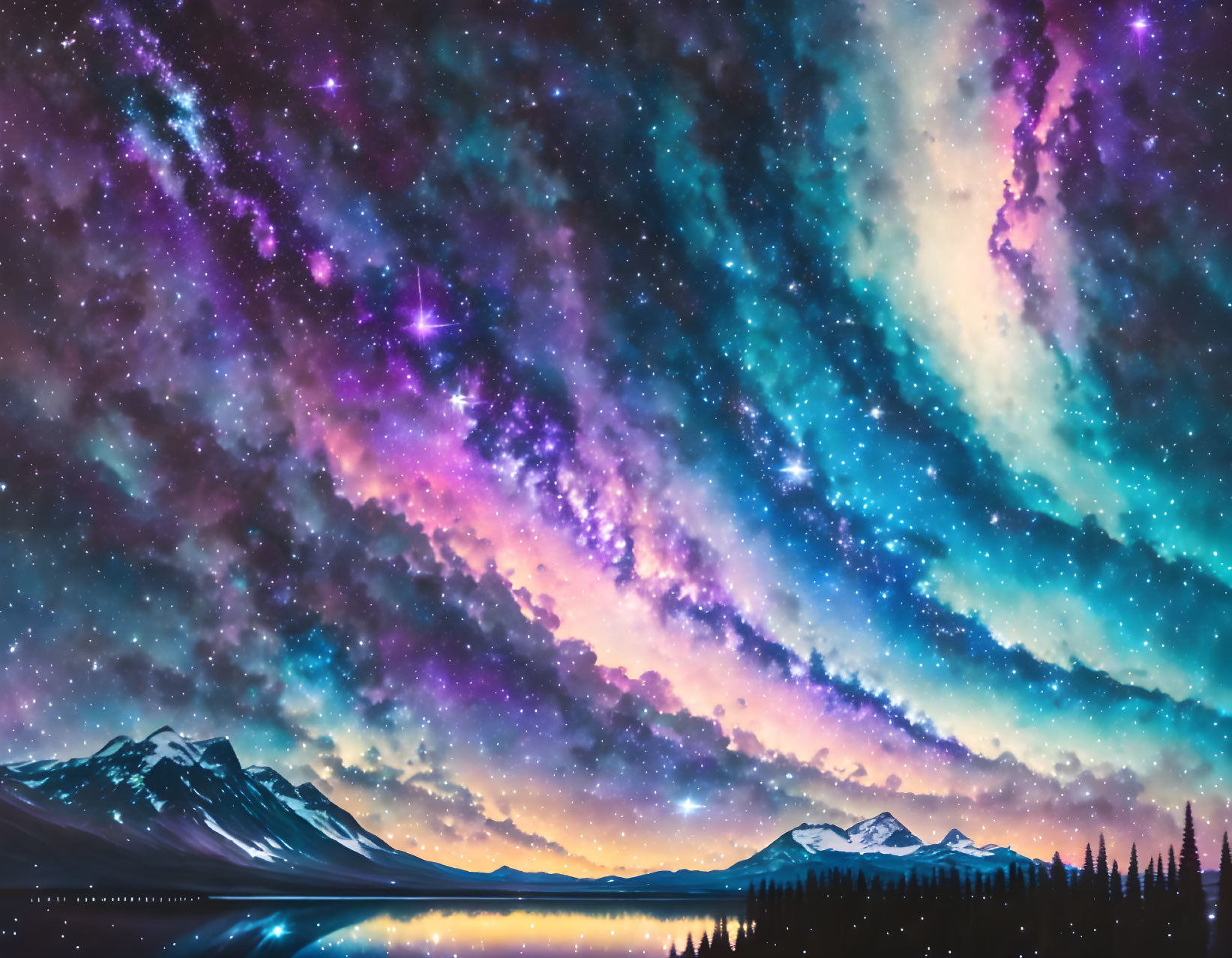 Stunning blue and purple cosmic clouds over serene mountain landscape