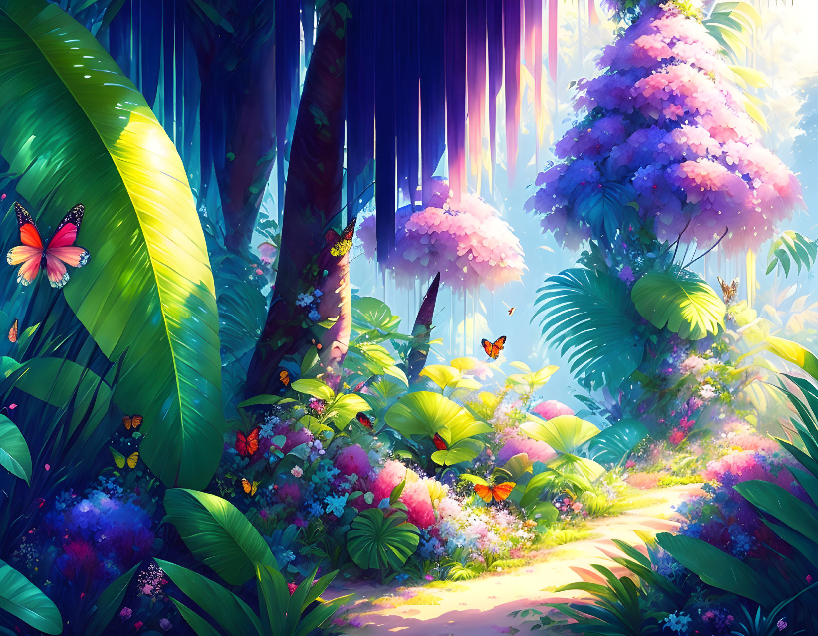 Lush forest scene with vibrant foliage and butterflies