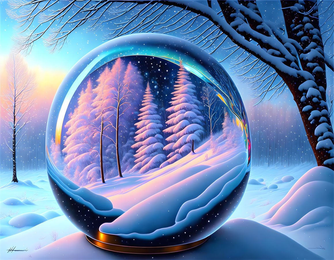 Snow globe winter scene with snow-covered trees and falling snowflakes