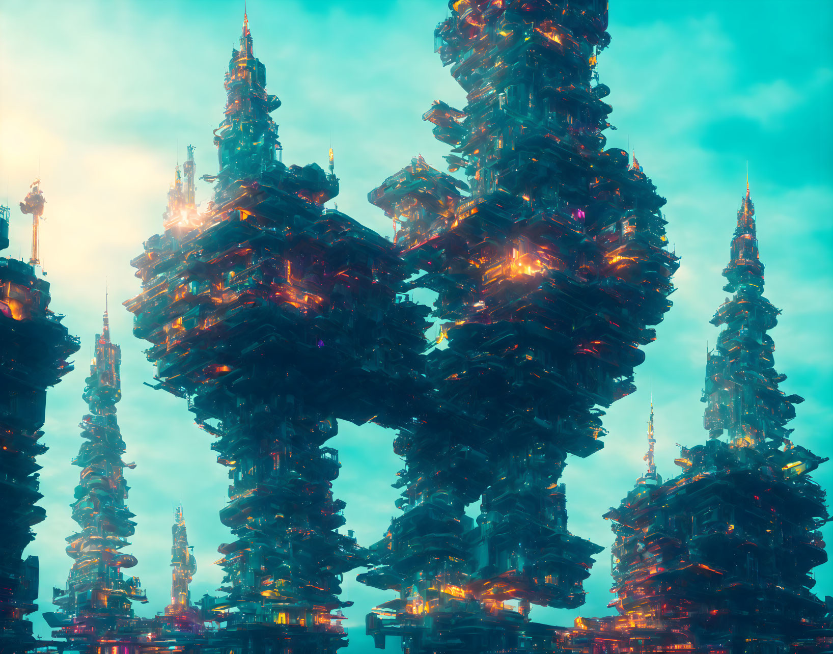 Fantastical landscape with towering glowing structures under blue sky