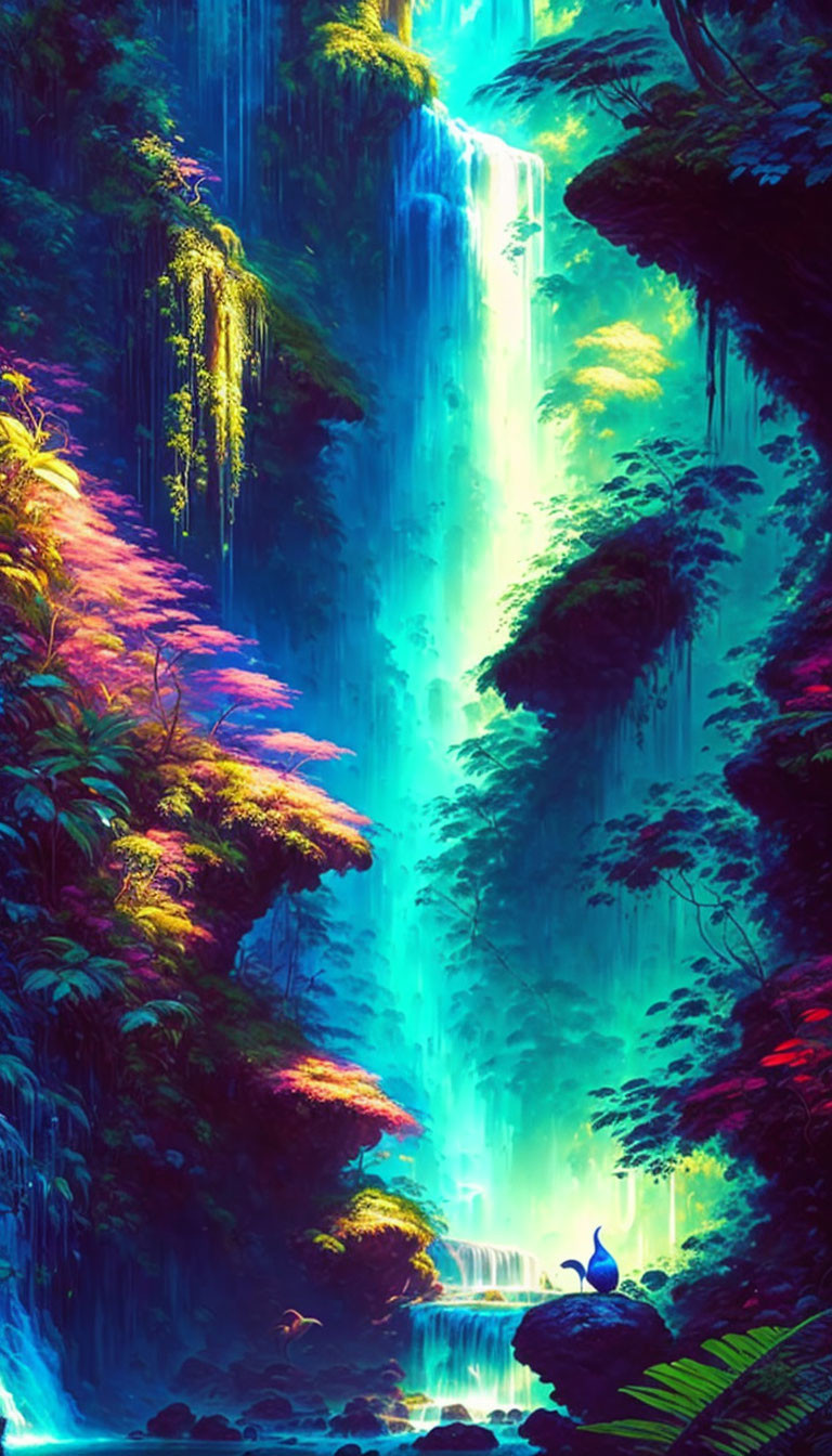 Lush Waterfall Scene with Blue Waters and Peacock