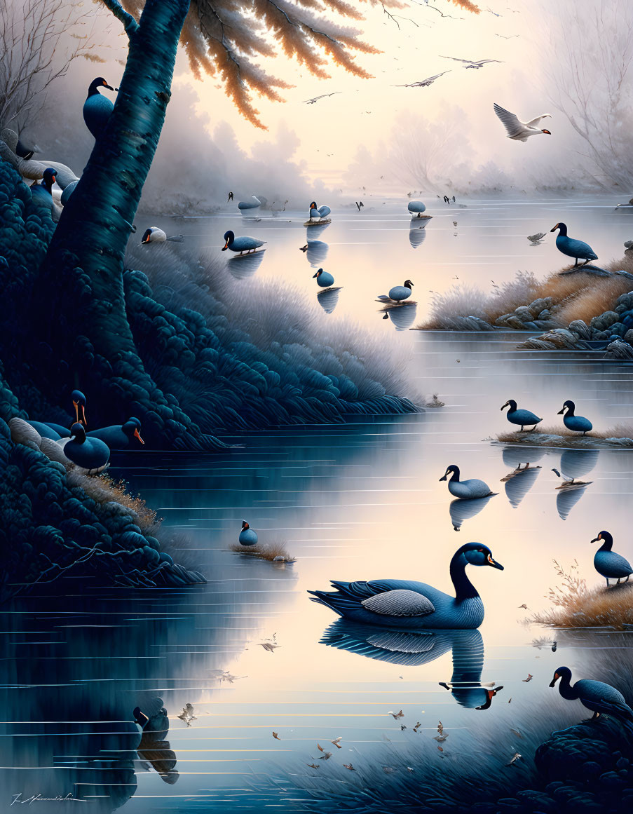 Tranquil lake with ducks in misty, serene setting