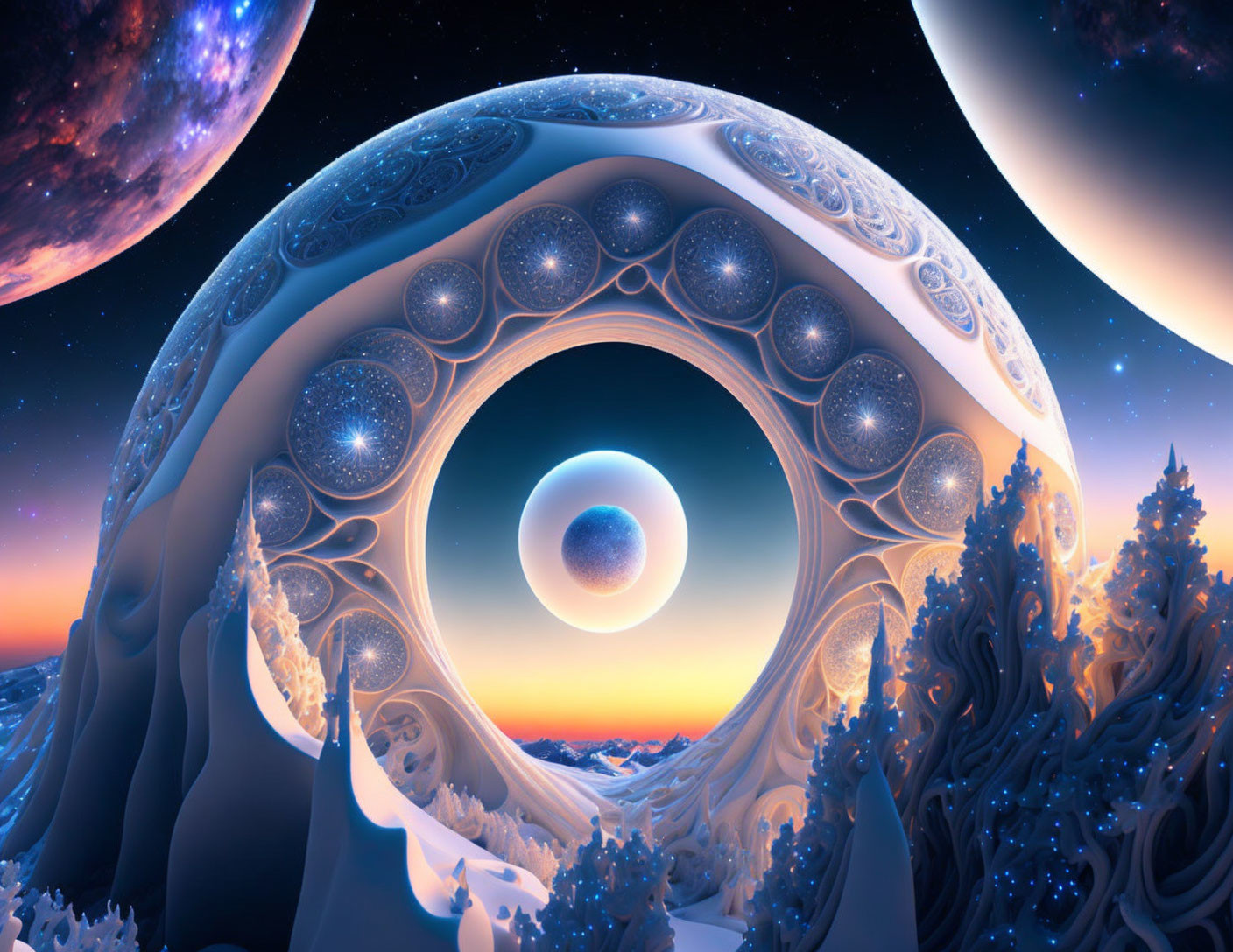 Surreal landscape with celestial bodies, loop structure, intricate designs, and twilight trees.