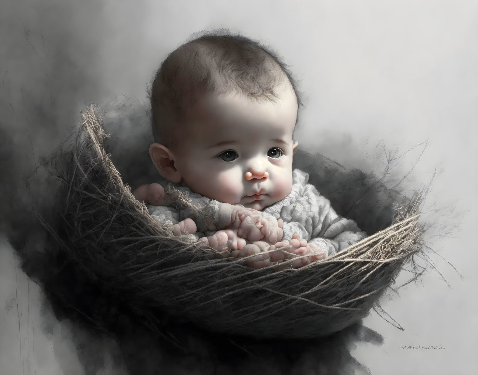 Infant with pensive eyes in soft nest, exuding innocence.