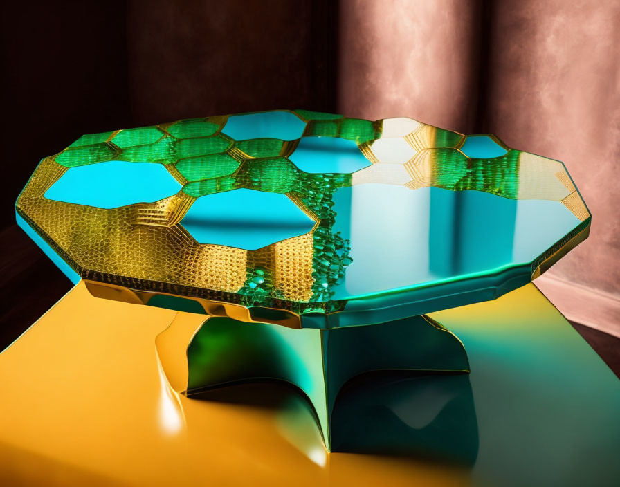 Hexagonal Glass-Top Table with Green and Gold Honeycomb Design