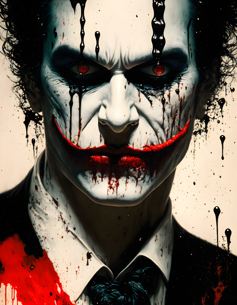 Detailed illustration of menacing character with clown makeup, black eyes, red lips, blood-like paint.