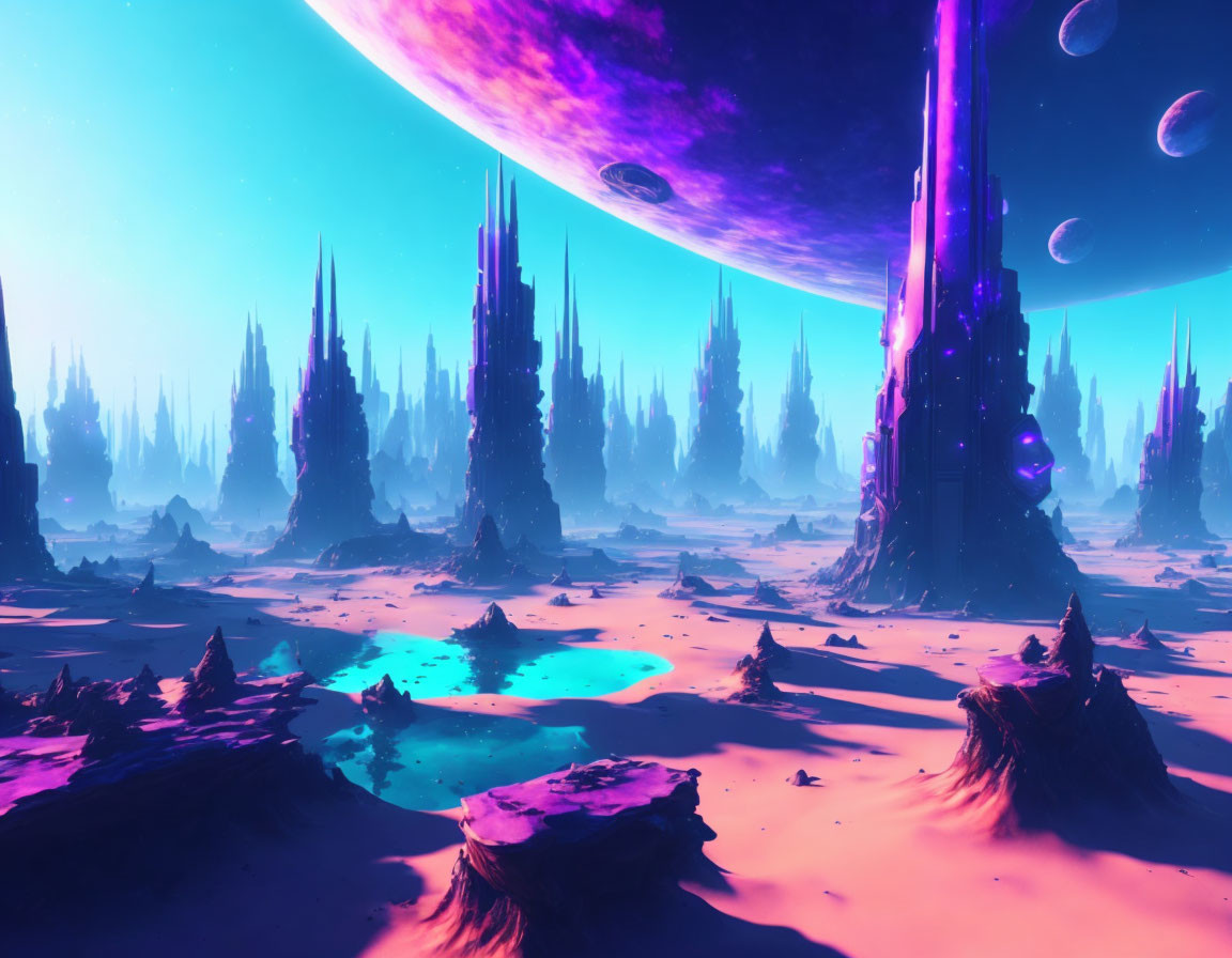 Futuristic sci-fi landscape with towering spires and celestial bodies