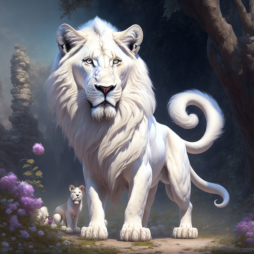 White lion with blue eyes in mystical forest with smaller lion