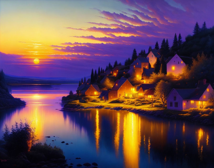 Scenic sunset over tranquil village by water