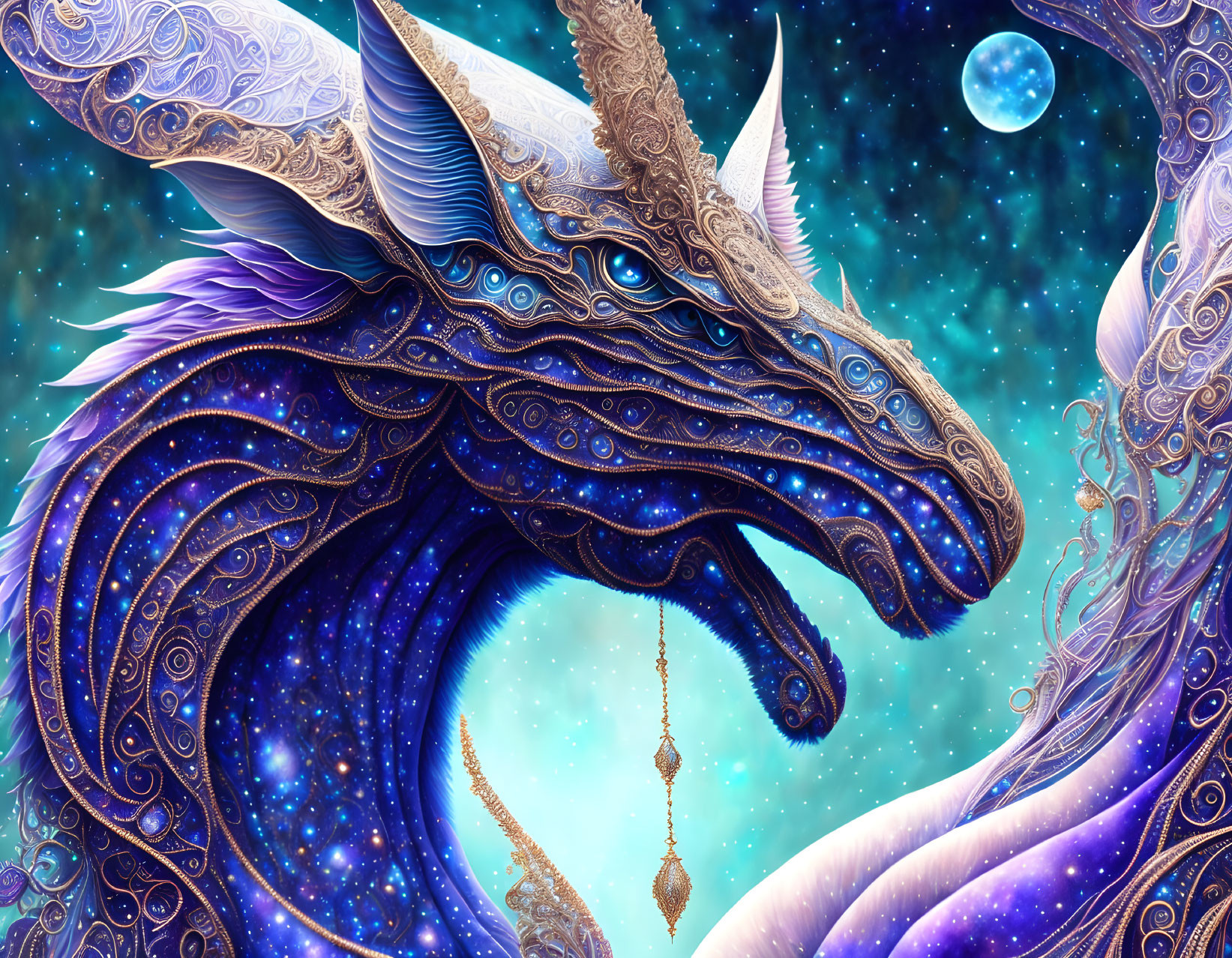 Colorful cosmic dragon with constellation patterns on starlit background