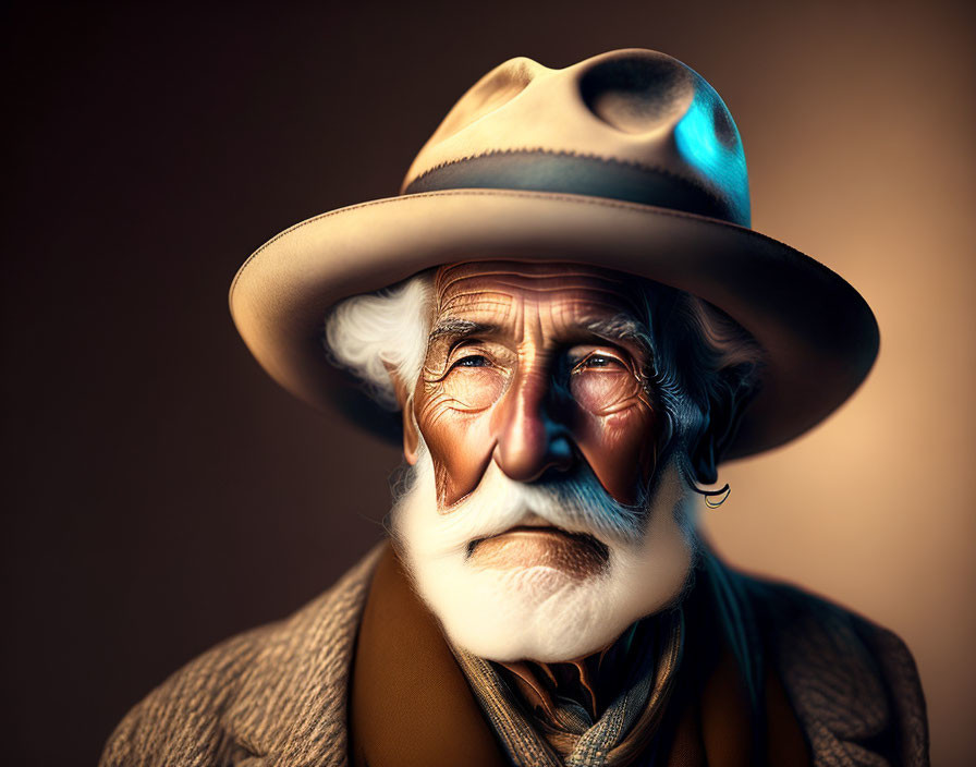 Elderly man with white mustache and beard in hat under warm lighting