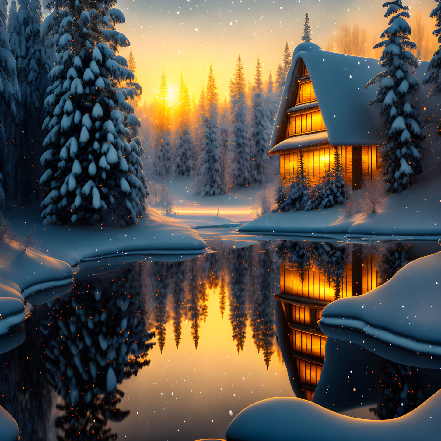 Snow-covered house by serene lake at sunset with glowing lights