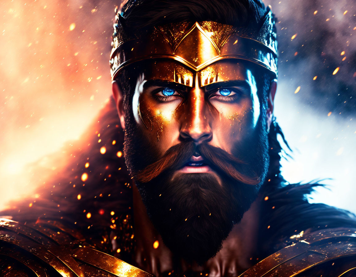 Bearded man in golden crown and armor with intense blue eyes amid fiery sparks