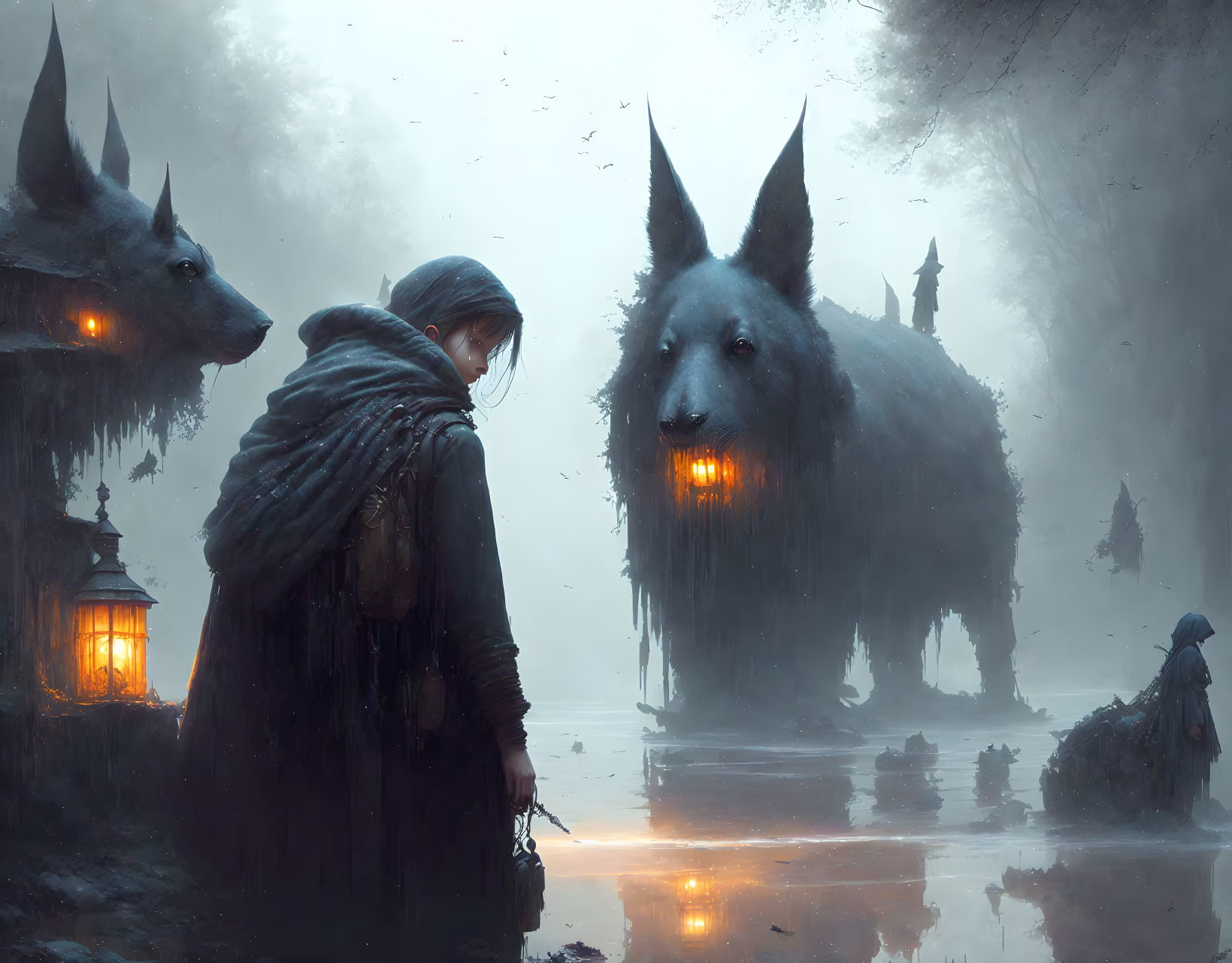 Person faces wolf-like creatures in misty, lantern-lit scene