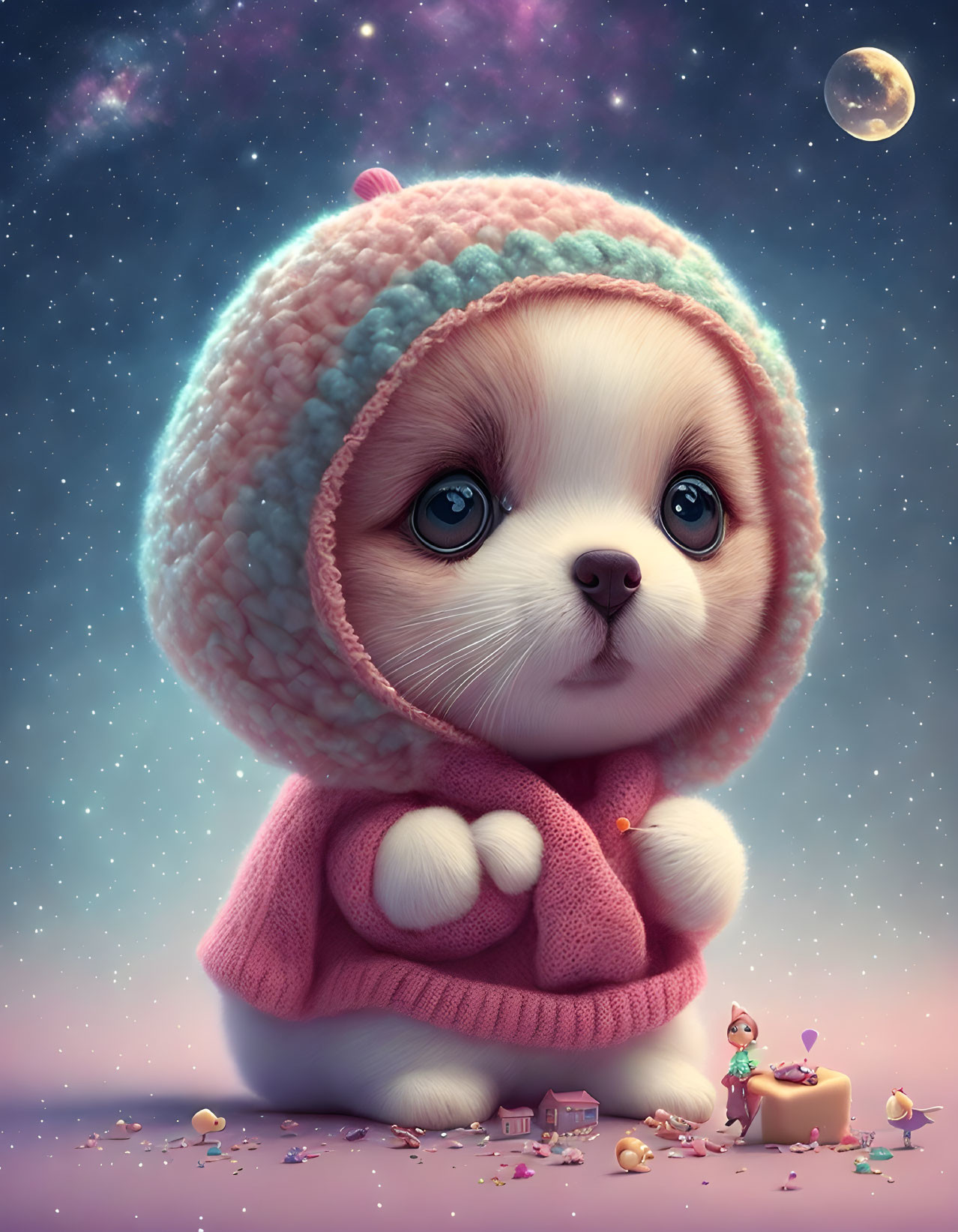 Illustration of oversized cute puppy in knitted hat and pink jumper with tiny characters and houses under star