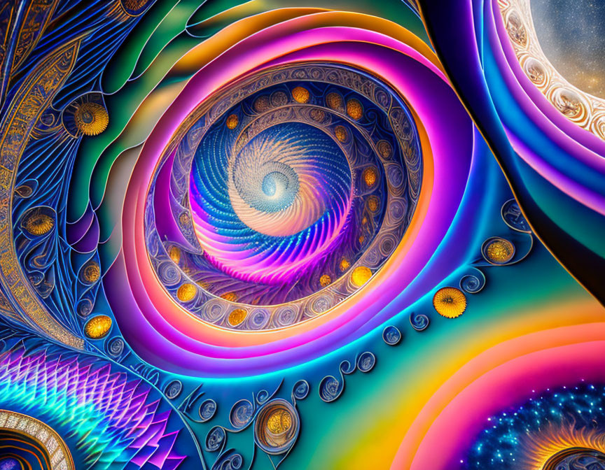 Colorful fractal art with swirling patterns in purples, blues, and golds